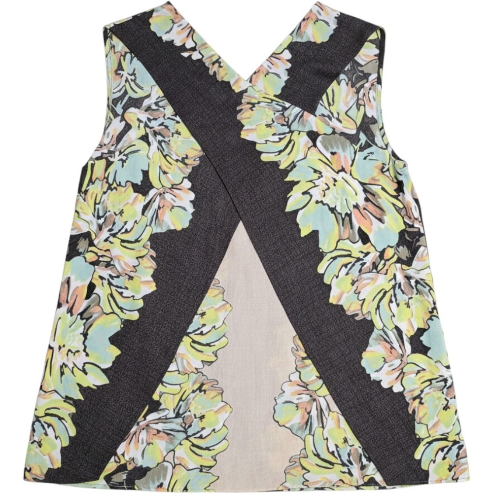 BCBGMAXAZRIA Womens Floral Crossover Sleeveless Top XS Black Yellow Blouse